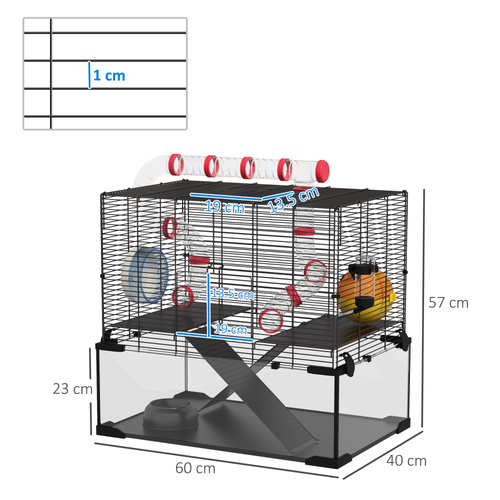 PawHut Gerbil Cage Dwarf Hamster Cage, with Deep Glass Bottom, Tunnels, Hut, Exercise Wheel, 60 x 40 x 57cm