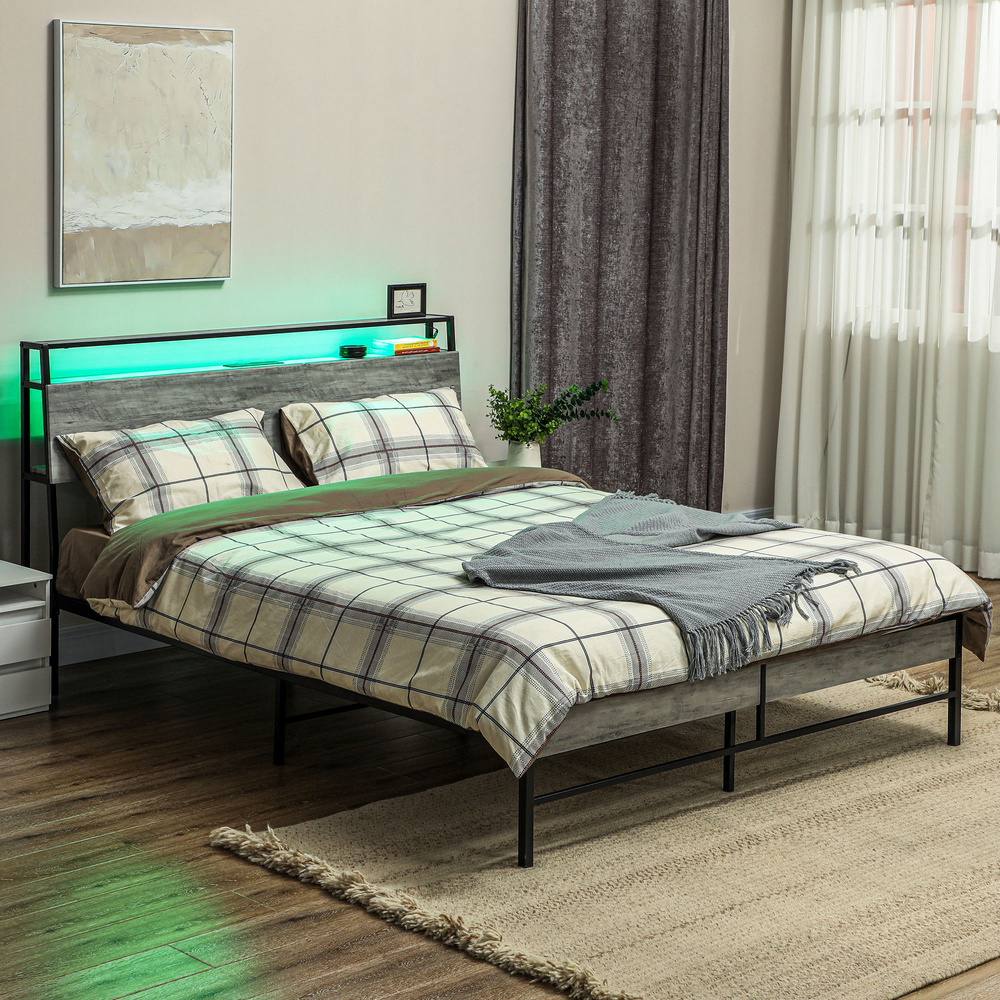 HOMCOM Double Steel Bed Frame, with LED Lights and Shelf - Grey