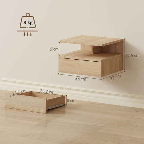 HOMCOM Set of Two Floating Bedside Tables - Oak Tone