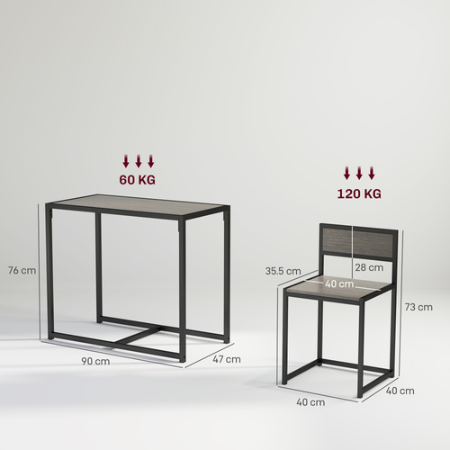 HOMCOM Dining Table and Chairs Set 2, Dining Room Sets, Rectangular Space Saving Table and 2 Chairs for Compact Kitchens, Steel Frame, Grey Wood-Effect
