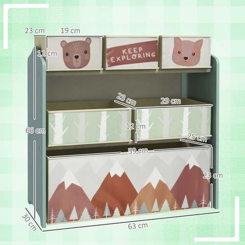 ZONEKIZ Kids Storage Unit, Toy Storage Organiser, with Six Fabric Bins, for Bedrooms, Playrooms, Nurseries - Green