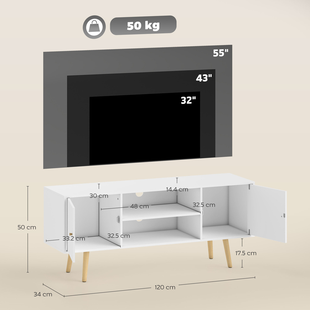 HOMCOM TV Stand Cabinet up to 55 Inches, TV Unit with Storage Shelves and Wood Legs for Living Room, Bedroom, White