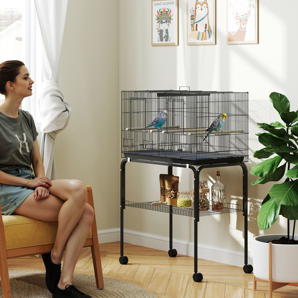 PawHut Bird Cage with Divider, 4 Wooden Perches, Slide Out Tray, 4 Feeders, for Budgie, Lovebird, Canary, 76 x 46 x 116cm Black