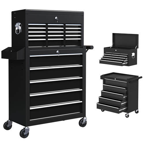 HOMCOM 14 Drawer, Two-Part Tool Storage Chest on Wheels - Black