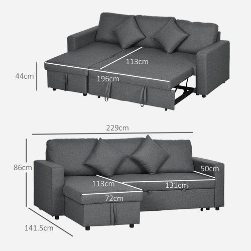 HOMCOM 3 Seater Sofa Bed with Storage, Delivered to Your Home for Free, Dark Grey