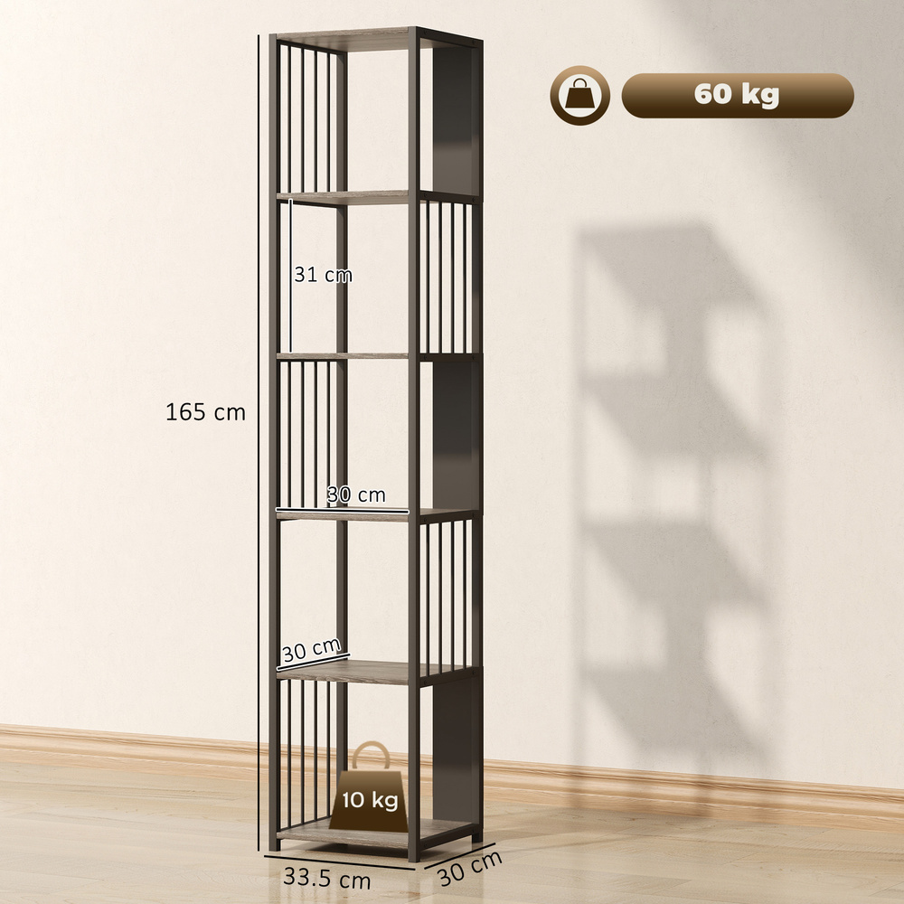 HOMCOM 5-Tier Bookshelf with Steel Frame - Grey