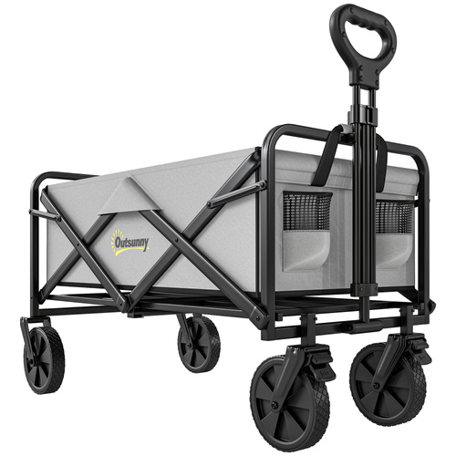 Outsunny Folding Pull Along Cart Cargo Wagon Trolley with Telescopic Handle - Dark Grey