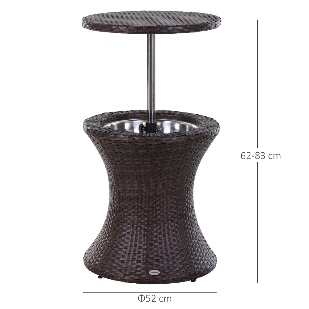 Outsunny PE Rattan Ice Bucket Table, Height Adjustable Liftable Outdoor Drinks Cooler, 52 cm Round Garden Beer Cocktail Table with Lid for Bar, Patio, Terrace, Brown