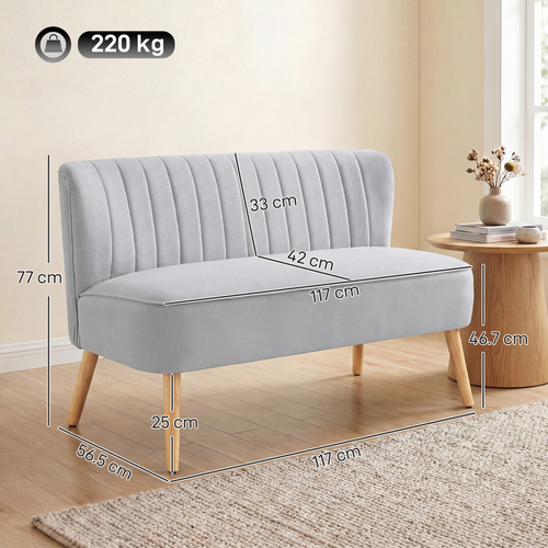 HOMCOM Modern Velvet Double Seat Sofa w/ Wood Frame Foam Padding Soft Comfortable Compact Couch Light Grey