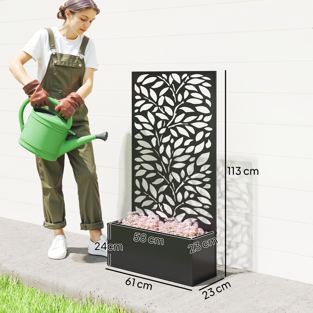 Outsunny Outdoor Metal Planter, with Back Trellis - Black