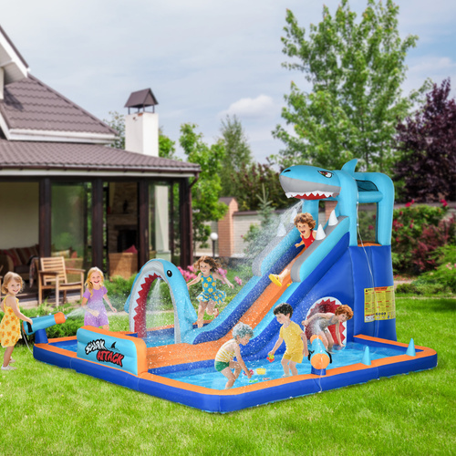 Outsunny 6 in 1 Shark-Themed Bouncy Castle, Inflatable Water Park, with Slide, Pool, Trampoline, Blower, for Ages 3-8 Years