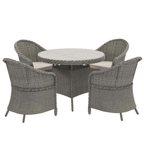 Outsunny 4 Seater Rattan Garden Furniture Set with Cushions, Round PE Rattan Dining Set with Glass-Top Table, Umbrella Hole, Outdoor Garden Table and Chairs, Grey