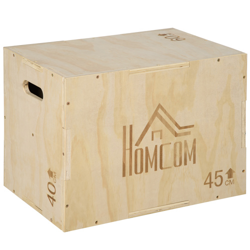 HOMCOM 3-in-1 Wooden Plyo Box, Plyometric Jump Box with Handle Openings for Home Gym, Workout Training, 45 x 40 x 60 cm, Natural