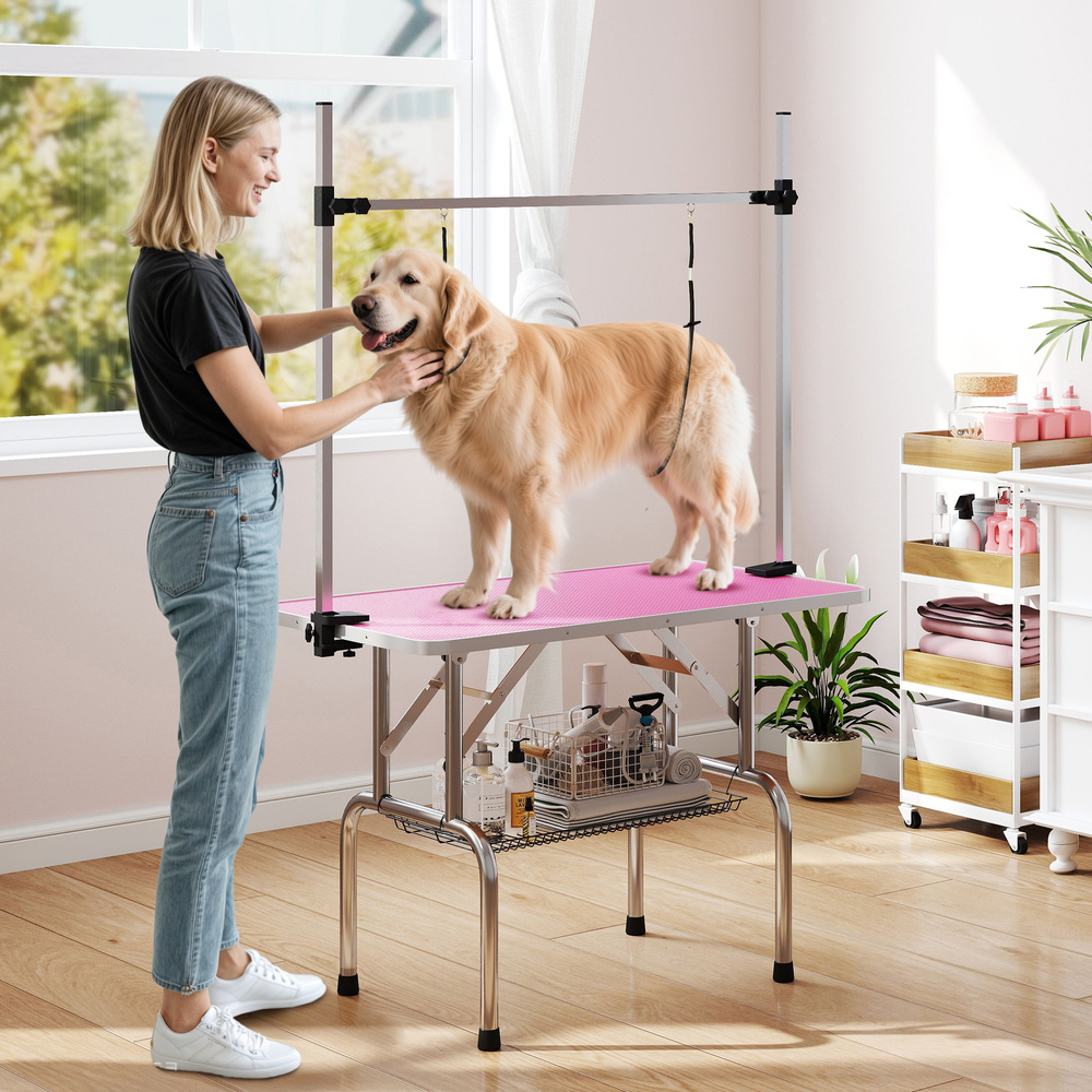 PawHut 42" Dog Grooming Table, Adjustable Pet Cat Drying Beauty Table with 2 Loops Storage Basket, Rubber Top, Pink