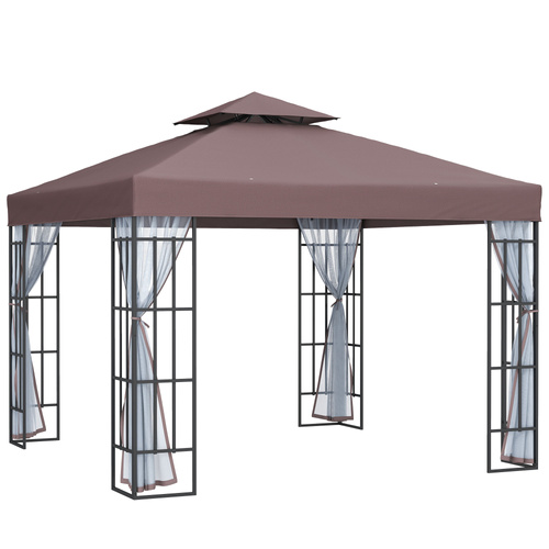 Outsunny 3 x 3(m) Patio Gazebo Canopy Garden Pavilion Tent Shelter with 2 Tier Roof and Mosquito Netting, Steel Frame, Coffee