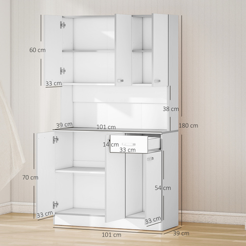 HOMCOM Kitchen Cupboard, Freestanding Kitchen Storage Cabinet with 6 Doors, Drawer, Adjustable Shelves and Open Countertop for Dining Room, White