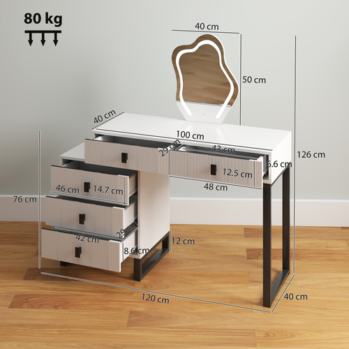 HOMCOM Dressing Table, Vanity Desk with Leaf Shape Mirror, Makeup Table with 5 Drawers, 3-Colour LED Lights, 100x40cm Tabletop, White