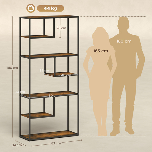 HOMCOM Industrial Bookcase Shelf, 6 Tier Metal Shelving, Storage Shelves for Living Room, Home Office, Bedroom, Rustic Brown