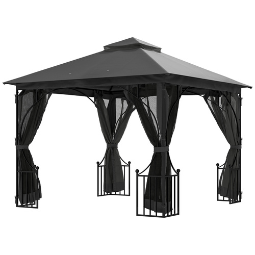 Outsunny 3 x 3m Garden Gazebo Patio Party Tent Shelter Outdoor Canopy Double Tier Sun Shade with Metal Frame and Netting, Dark Grey