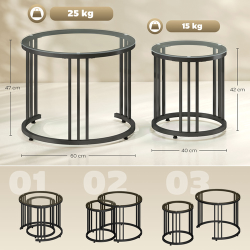 HOMCOM Round Coffee Tables Set of 2, Nesting Tables with Tempered Glass Top and Steel Frame, Black
