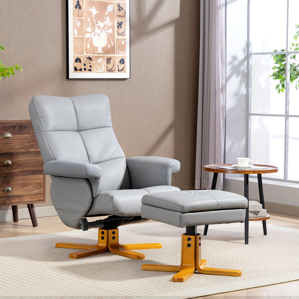 HOMCOM PU Leather Swivel Recliner Chair with Footstool, Wooden Base and Storage for Living Room, Light Grey