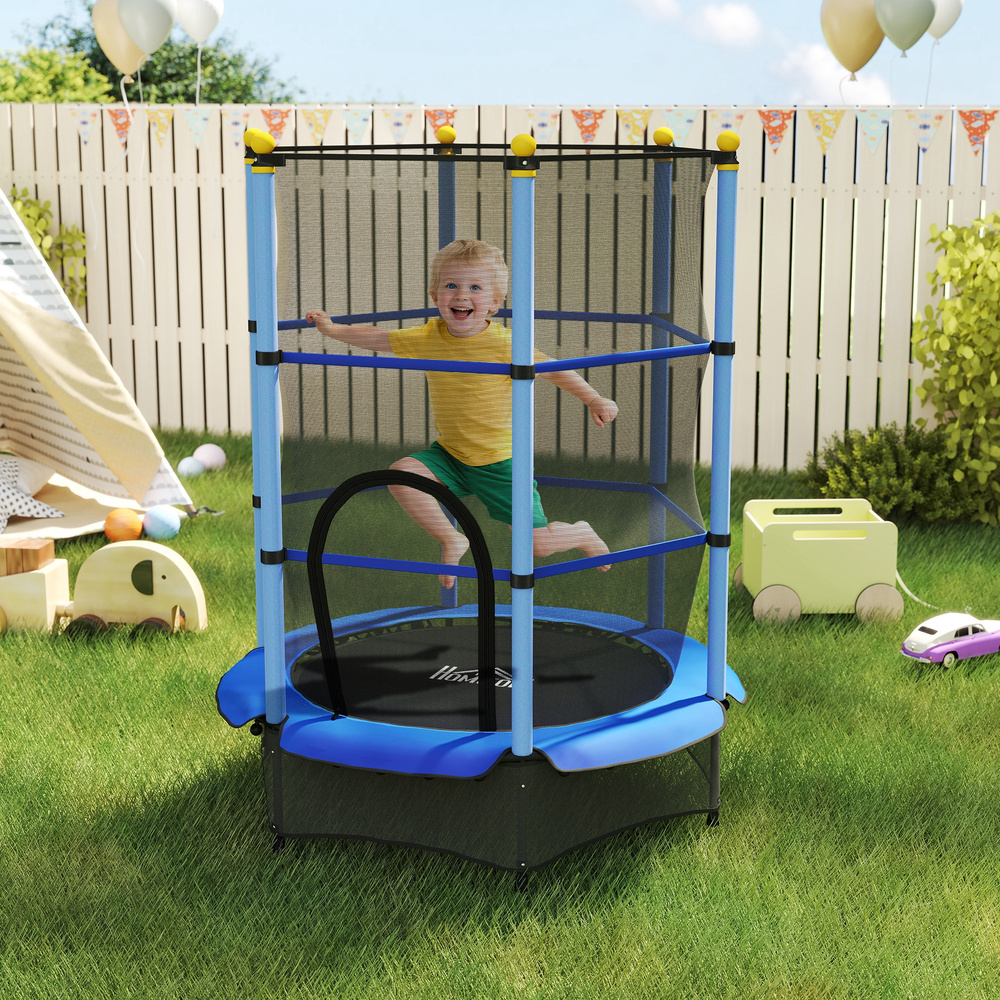 HOMCOM 4.6FT/55" Kids Trampoline with Enclosure Net, Outdoor Indoor Use, for Ages 3-10 Years, Blue