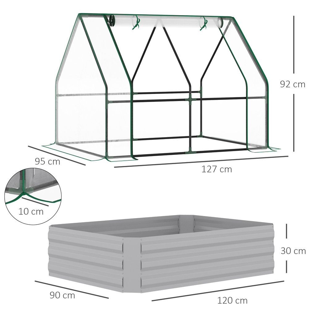 Outsunny Raised Garden Bed with Greenhouse, Steel Planter Box with Plastic Cover, Roll Up Window, Dual Use for Flowers, Vegetables, Fruits and Herbs, 127L x 95W x 92H cm, Clear