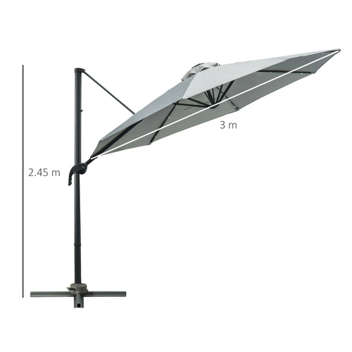 Outsunny 3(m) LED Cantilever Parasol Garden Sun Umbrella w/ Cross Base and Solar Lights Grey