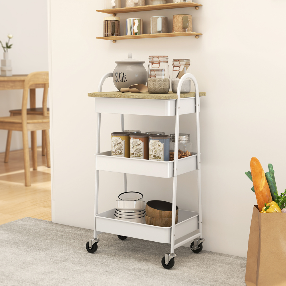 HOMCOM 3-Tier Kitchen Storage Trolley with on Wheels Cover Top Board - White and Oak