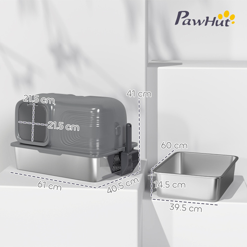 PawHut 65L Extra Large Stainless Steel Litter Tray with Plasma Deodoriser System, High Sided, Easy to Clean & Odour-Resistant