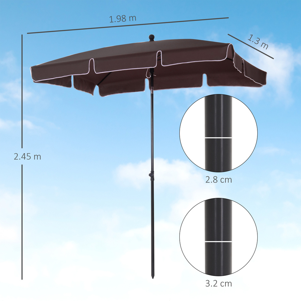 Outsunny Garden Parasol Umbrella, Outdoor Market Table Umbrella with Ruffles & Aluminium Pole, Rectangular Tilting Parasol Sun Shade Canopy, 2 x 1.3m, Brown
