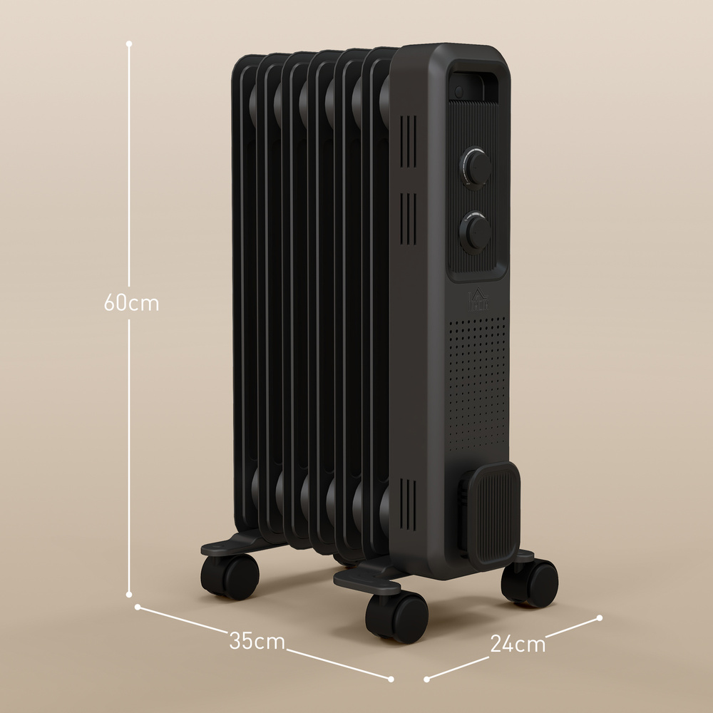HOMCOM 1500W Oil Filled Radiator, Portable Electric Heater with 3 Heat Settings, Safety Cut-Off and Wheels, Grey
