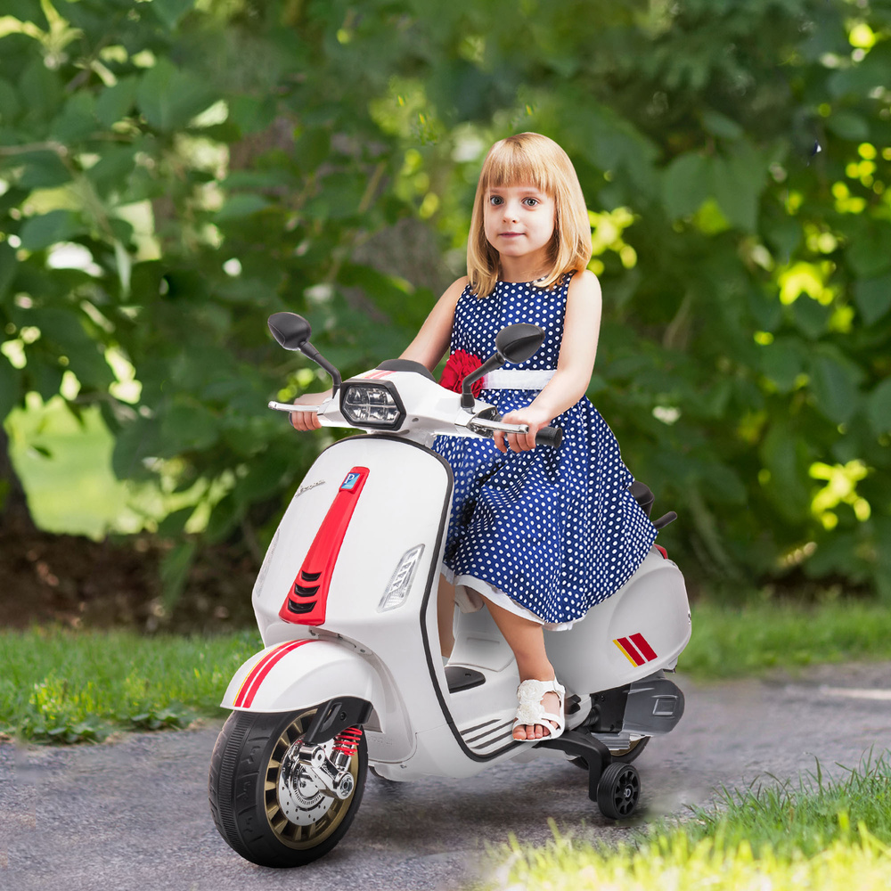 AIYAPLAY 12V Vespa Licensed Kids Electric Motorbike w/ Music, Lights, FM Radio, for 3-6 Years - White