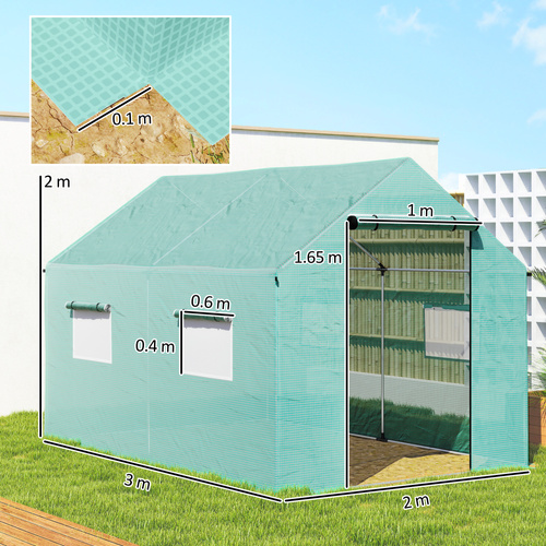 Outsunny Polyethylene Walk-in Polytunnel Greenhouse, 2 x 3(m), Green