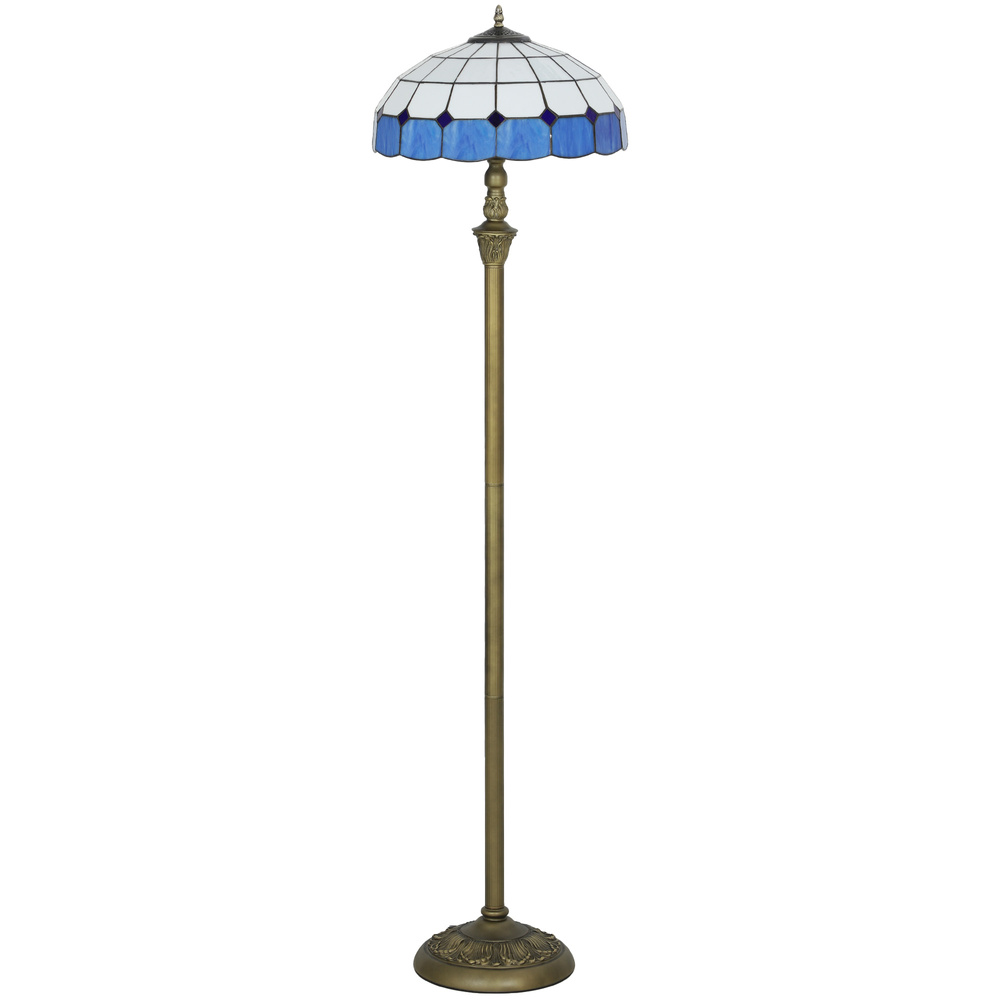 HOMCOM Tiffany-Style Floor Lamp with Handcrafted Stained Glass Shade, 152cm Tall Vintage Standing Lamp with Foot Switch and Dual Sockets, Bronze Tone and Blue