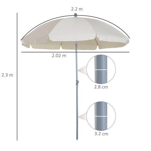 Outsunny 2.2m Beach Umbrella, Portable Parasol with Tilting Function, Outdoor Sunshade Shelter with 8 Ribs for Garden, Pool and Patio, Cream White