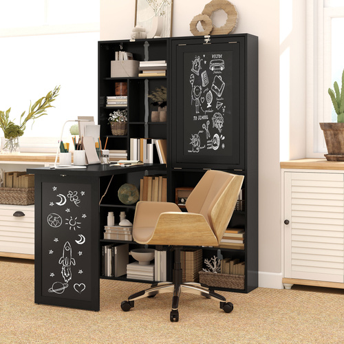 HOMCOM Three-Part Work Desk, with Storage and Chalkboard - Black