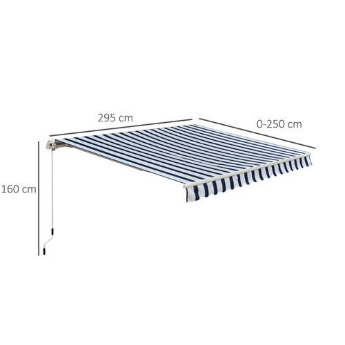 Outsunny Manual Retractable Awning, 3x2.5 m-Blue/White Stripes