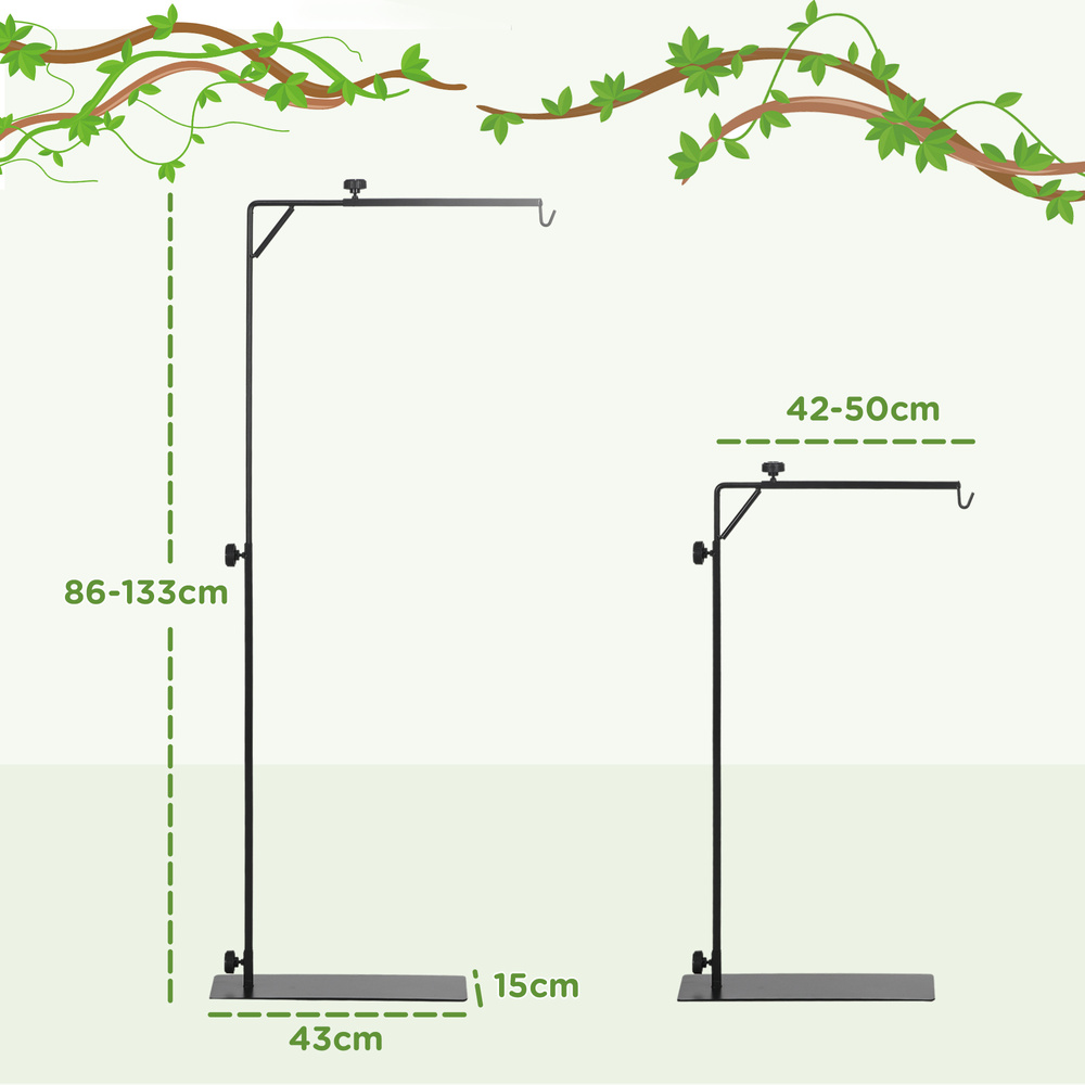 PawHut 86-129Hcm Adjustable Height and Length Reptile Lamp Stand Holder with Hook Hanging, Base - Black