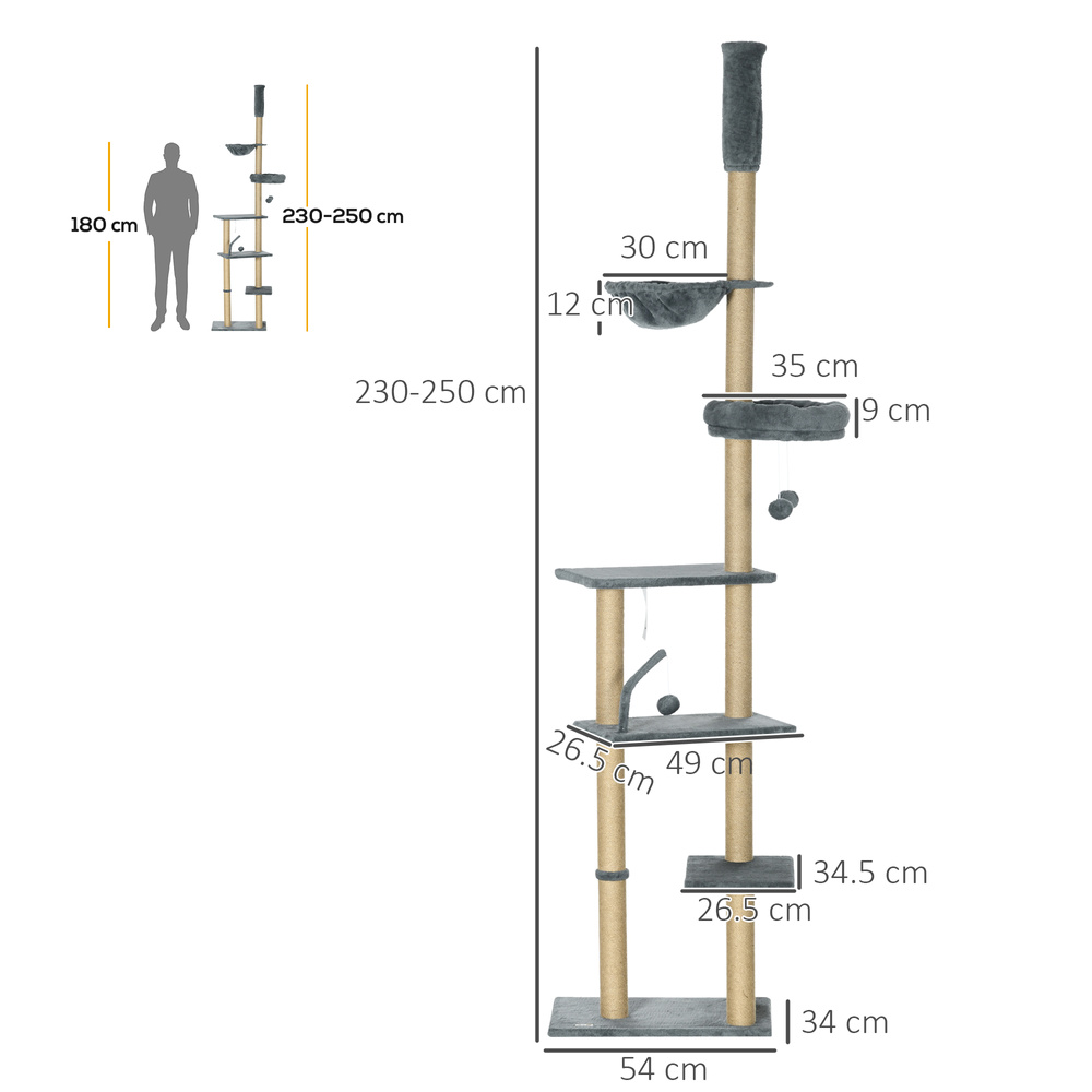 PawHut 230-250cm Floor-to-Ceiling Climbing Cat Tree Tower - Grey