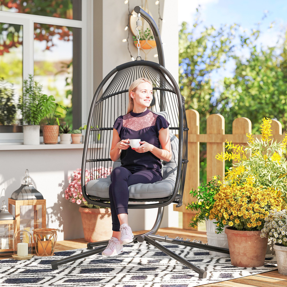 Outsunny Rattan Hanging Egg Chair with Stand, Foldable Wicker Swing Egg Chair with Cushion, Head Pillow, Steel Frame, Hammock Chair for Indoor Outdoor, Capacity 150 kg, Dark Grey