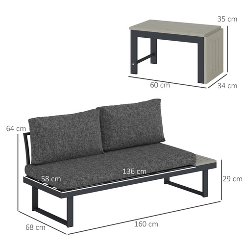 Outsunny 4 Seater L Shaped Aluminium Sectional Garden Furniture Set with 2 Loveseats and Wood-Plastic Coffee Table - Dark Grey