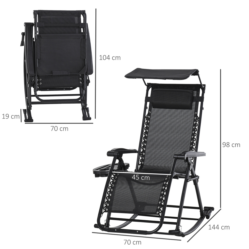 Outsunny Garden Rocking Chair Folding Recliner Outdoor Adjustable Sun Lounger Rocker Zero-Gravity Seat with Headrest Side Holder Patio Deck - Black