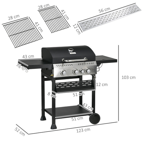 Outsunny Four-Burner Steel Gas Grill, with Thermometer - Black