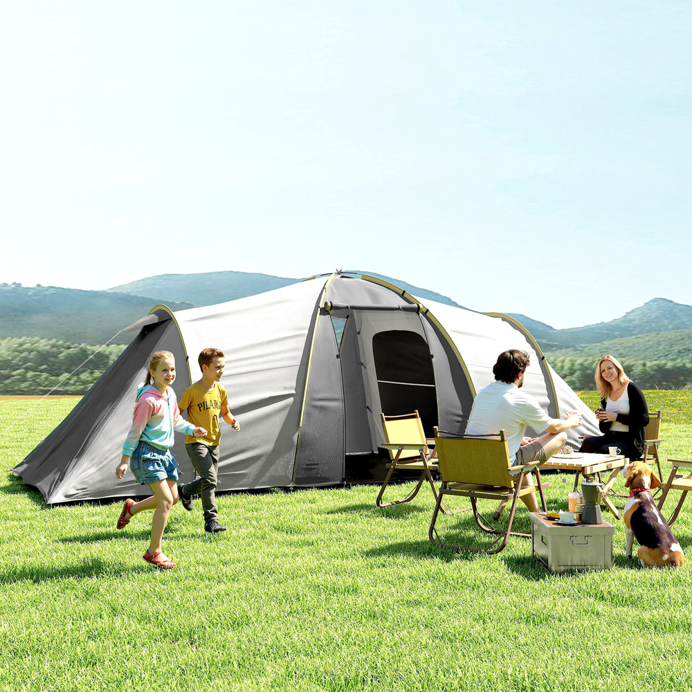 Outsunny Four-Man Tunnel Tent, with Two Bedrooms and Living Room - Grey/Yellow