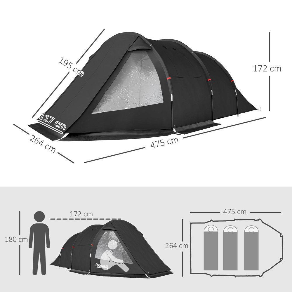 Outsunny 3-4 Man Tunnel Tent, Two Room Camping Tent with Windows, Portable Carry Bag, for Fishing, Hiking, Sports, Festival - Black