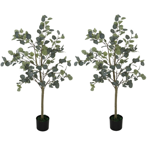 HOMCOM Set of 2 Decorative Artificial Tree, 4ft/ 120cm Silk Eucalyptus Trees with 230 Silver Dollar Leaves in Pot, Fake Plants for Home, Office, Living Room, Indoor Decor