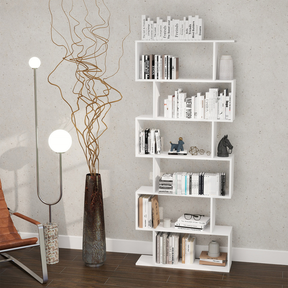 HOMCOM Bookcase, 6 Tier Shelf S Shaped Bookshelf, Storage Unit, Display Shelf for Living Room, Bedroom, Home Office, Plant, White