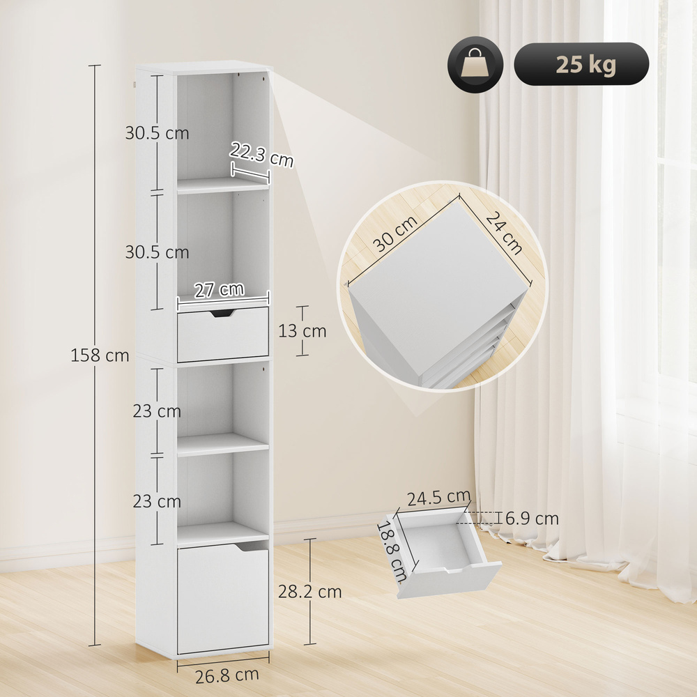 HOMCOM 6-Tier Bookcase, Tall Narrow Bookshelf with Drawer and Door - White