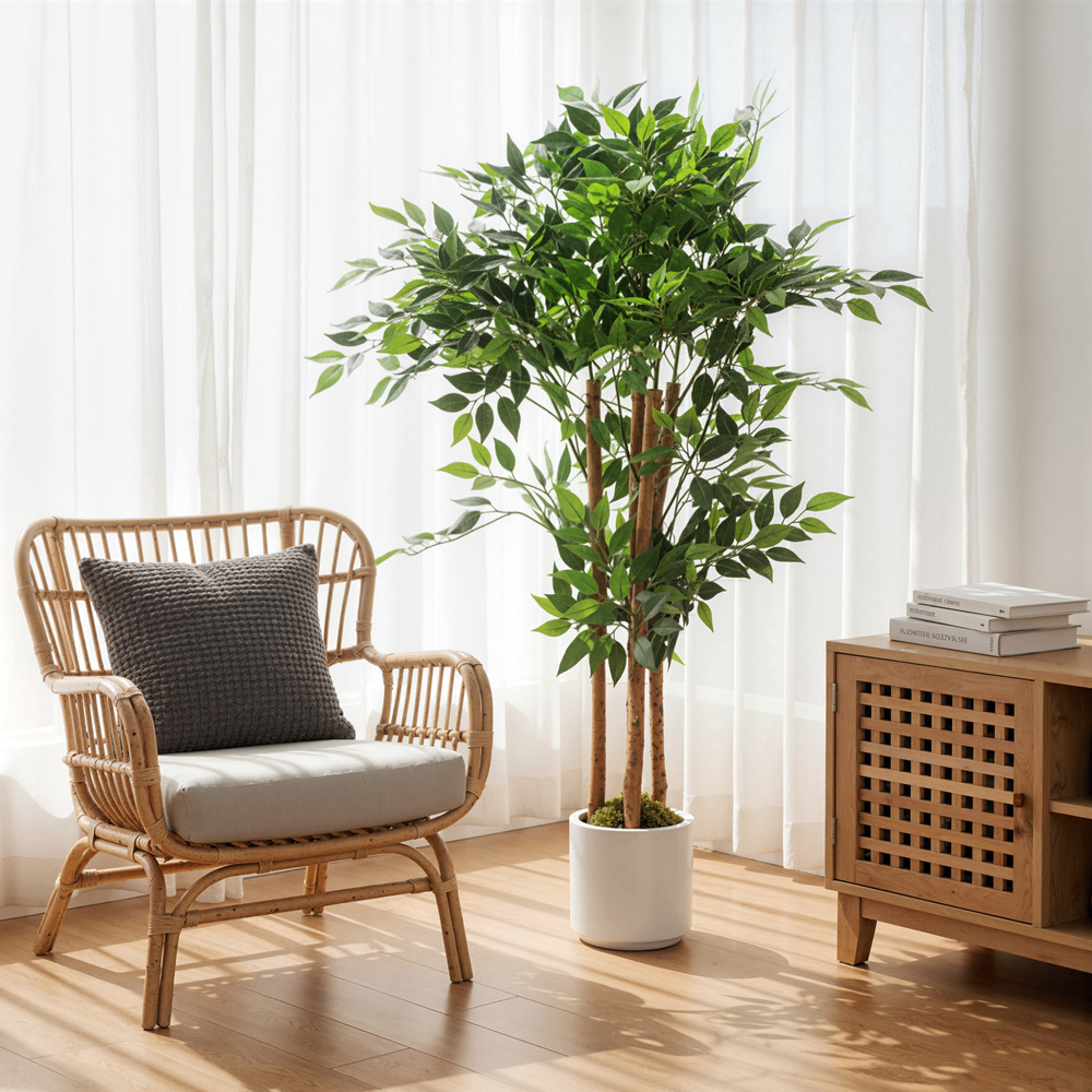 HOMCOM 120cm Artificial Ficus Tree, Fake Potted Tree with Solid Wood Trunk and Pot for Indoor, Green